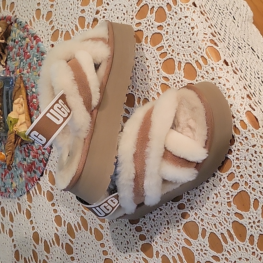 New platform UGG slippers. Cream and camel colored. Size 8